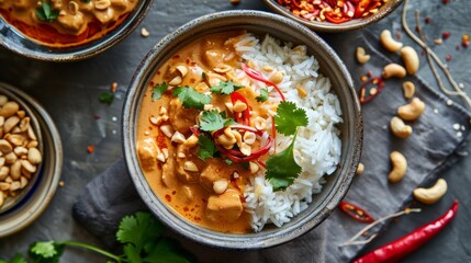 A bowl of creamy and fragrant Massaman curry, served with fluffy jasmine rice and topped with crunchy peanuts, a Thai comfort food classic.