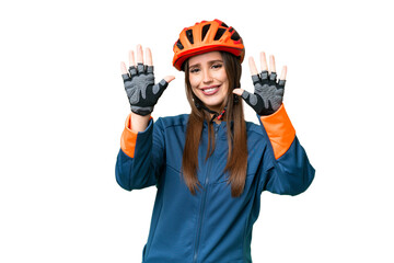 Young cyclist woman over isolated chroma key background counting ten with fingers