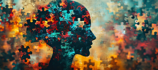 Silhouette of a person's head surrounded by pieces of jigsaw puzzles, representing thoughts and ideas coming together