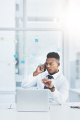Business, phone call and black man with laptop, connection and conversation with planning, schedule...