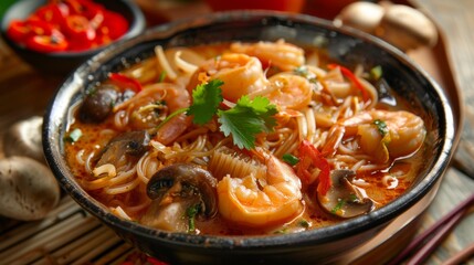 A bowl of fiery Thai tom yum noodles, with shrimp, mushrooms, and lemongrass, offering a perfect balance of heat and tanginess.