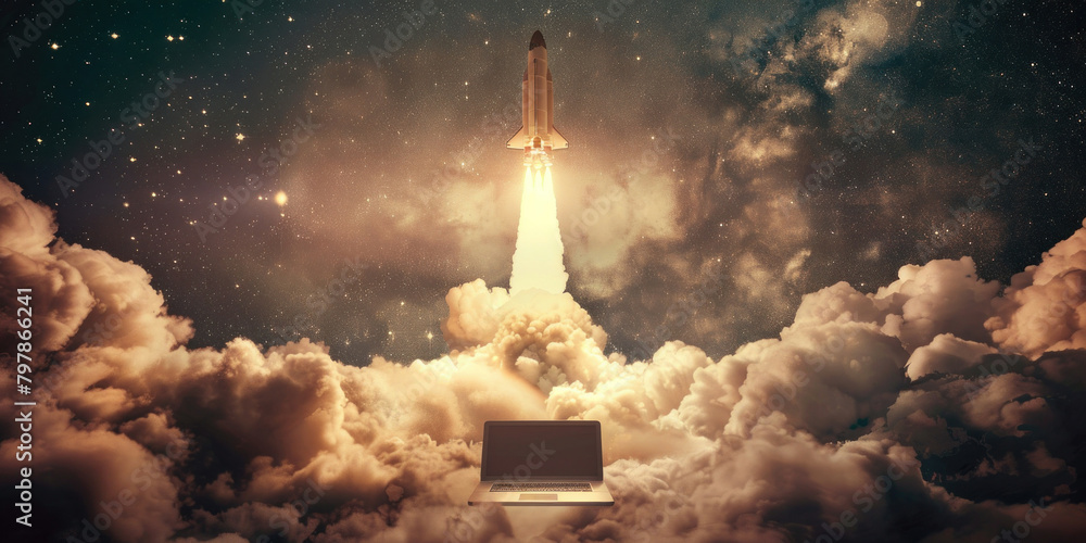 Poster rocket launching into the sky with a laptop computer in the clouds, concept of modern technology and