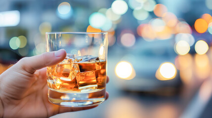 Glass of whiskey or cognac against the backdrop of an accident with a broken car. Concept of driving a car while drunk - obrazy, fototapety, plakaty