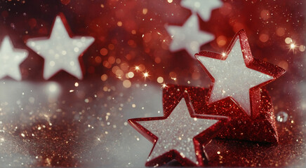 Abstract background of stars in red and white color glitter textured glowing lights. Red and white...