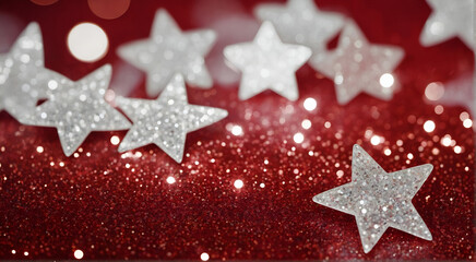 Abstract background of stars in red and white color glitter textured glowing lights. Red and white...