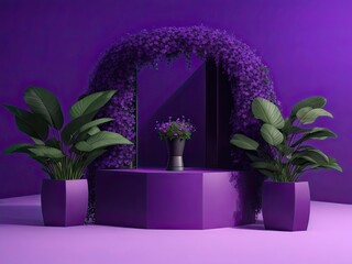 PSD of a contemporary podium with purple backdrop and plants. podium for 3D renders