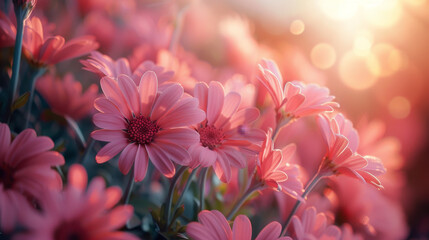 A bunch of pink flowers with a bright sun shining on them