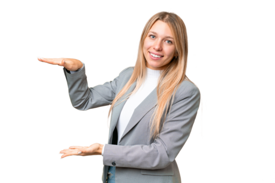 Young pretty blonde woman over isolated chroma key background holding copyspace to insert an ad