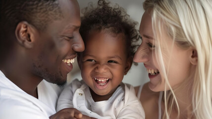 Close up of a happy multiethnic family with a child laughing together at home