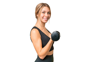 Blonde sport woman making weightlifting over isolated chroma key background smiling a lot