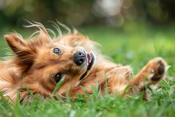 A canine companion exhibiting a carefree demeanor as it lies on its back in a grassy field, playfully kicking its legs in the air. - obrazy, fototapety, plakaty