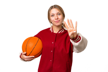 Young hispanic woman playing basketball over isolated white background happy and counting four with fingers