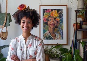 Obraz premium Female Artist Standing In Front of Their Self-Portrait in a Studio Environment