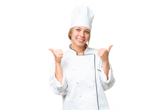 Young chef woman over isolated chroma key background with thumbs up gesture and smiling
