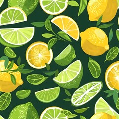 vibrant green background with scattered lemon and lime slices, pattern seamless pattern