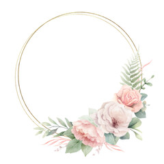 Watercolor circle floral frame with golden geometric shape.. Dusty pink roses flowers and eucalyptus leaves. Arrangement for wedding invitations, greetings, wallpapers, fashion, decoration, cards
