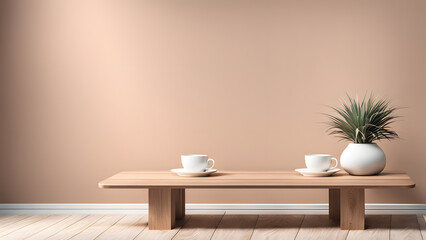 A white coffee table with two cups and a vase of flowers on it