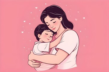 mom hug her kid children son illustration with copy space and pink background for Mother's Day concept - obrazy, fototapety, plakaty