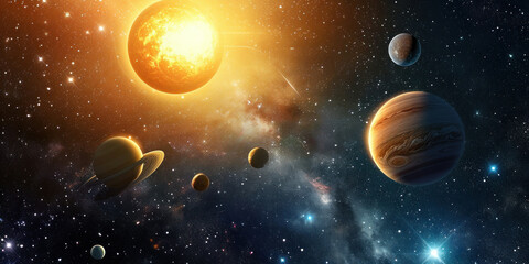 Solar System with Sun and Planets in the Center, Space Universe Concept, Astronomy Background with Nine Celestial Bodies