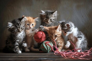 A captivating image of a group of kittens engaged in a playful wrestling match over a ball of yarn, their tiny bodies playfully intertwined.