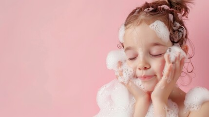 Fototapeta premium Little girl washing her face with foam cleanser skincare treatment sanitary from bacteria
