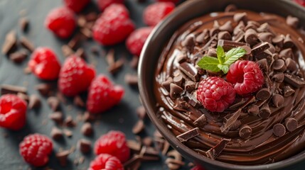 A bowl of chocolate mousse with fresh raspberries and chocolate chips.