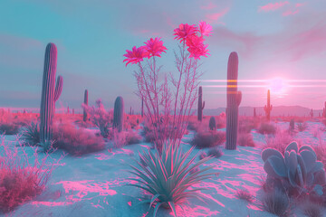 psychedelic vapor wave and surreal scenery with cactus and flower in the desert on an alien planet, trippy wallpaper art - obrazy, fototapety, plakaty