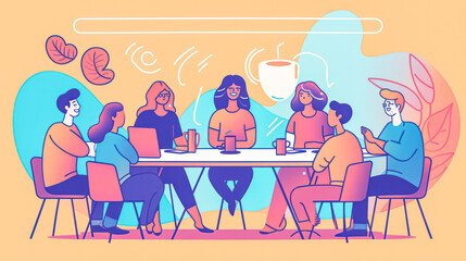 A woman is sitting in front of a laptop with a smiling face and a group of people around her. Concept of connection and community, as the woman is surrounded by friends and colleagues