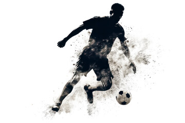 A soccer player is kicking a ball in the air. The image has a mood of excitement and energy, as the player is in motion and focused on the ball