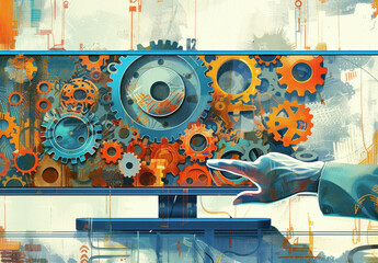 A man pointing at a computer screen surrounded by gears and mechanical elements in the background