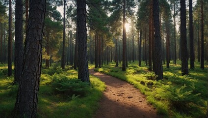 This is a photo of a dirt path in a forest. The path is surrounded by tall pine trees and the forest is dense.