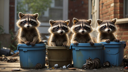 raccoons in a blue trash can. They are looking at the camera.