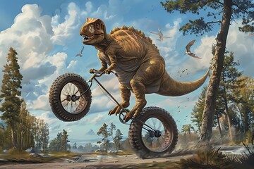 A chubby, clumsy dinosaur trying to ride a unicycle, causing chaos and laughter in a prehistoric park.