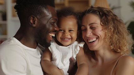 Close up of a happy multiethnic family with a child laughing together at home - obrazy, fototapety, plakaty