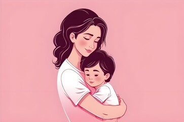mom hug her kid children son illustration with copy space and pink background for Mother's Day concept - obrazy, fototapety, plakaty