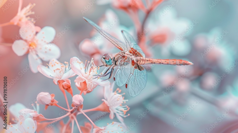 Poster a close-up of a dragonfly perched on a delicate blossom, its slender legs and intricate wing pattern