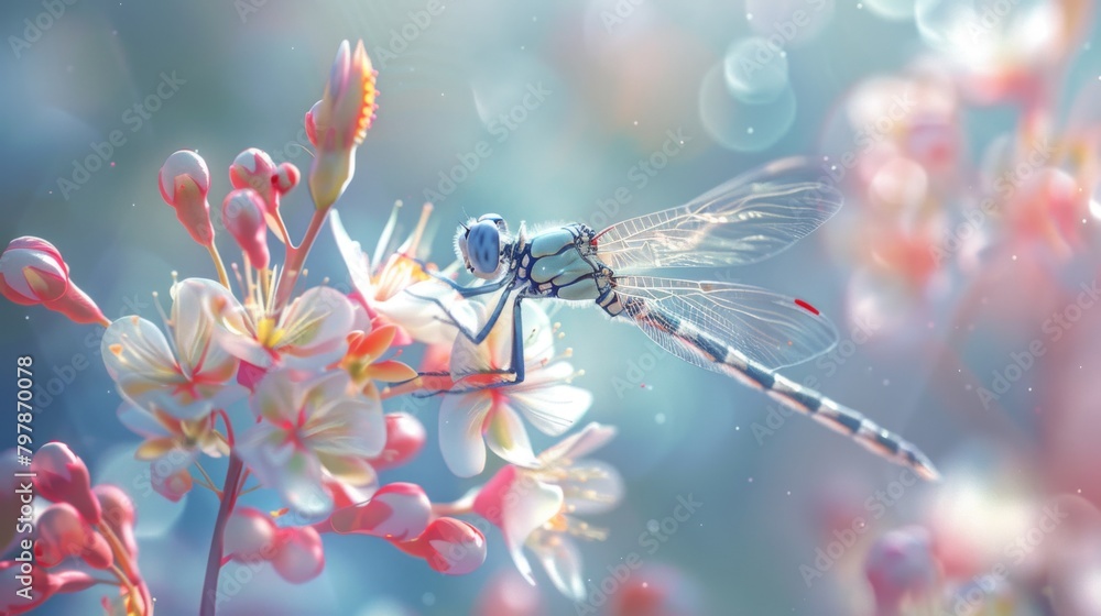 Poster a close-up of a dragonfly perched on a delicate blossom, its slender legs and intricate wing pattern