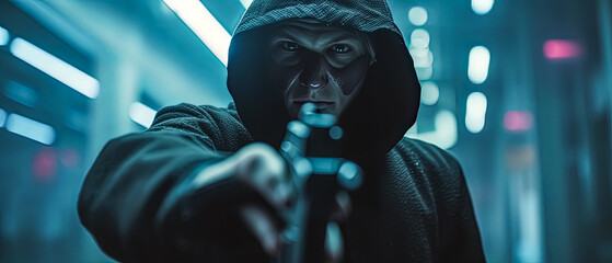 A man in a hoodie is holding a gun. The image has a dark and ominous mood, as the man is a criminal or a vigilante