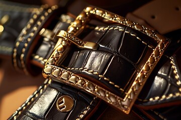A close-up photograph of a statement belt crafted from high-quality leather and adorned with a bold buckle, highlighting the use of premium materials and intricate details in defining - obrazy, fototapety, plakaty