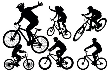 A cyclist performs various tricks on his bike. black silhouette isolates on a white backgroun