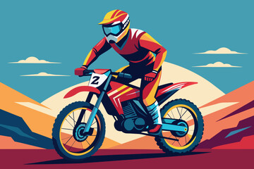 a male motocyclist competes in a sport motocross race on sand mountain.