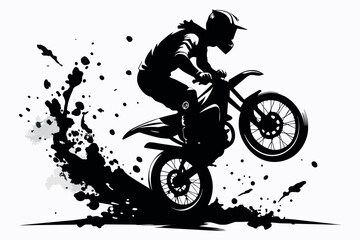 A male motorcyclist participates in a sport motocross race on a dirt road. Waves of sand and swamp particles fly out from under the wheels. Black silhouette on white background