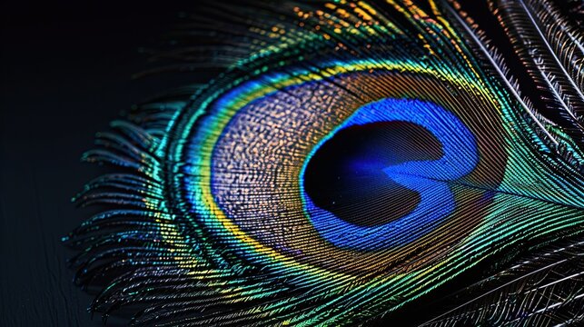 A close-up image of a peacock feather against a black background.

