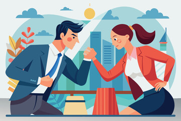 an arm wrestling contest between a man and a woman businessman. sparring in business.