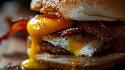 A close-up of a fried egg sandwich, with runny yolk spilling over crispy bacon and melted cheese, ready to satisfy any appetite. - obrazy, fototapety, plakaty