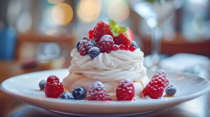 A delicious looking Pavlova with fresh berries on top sits on a white plate.