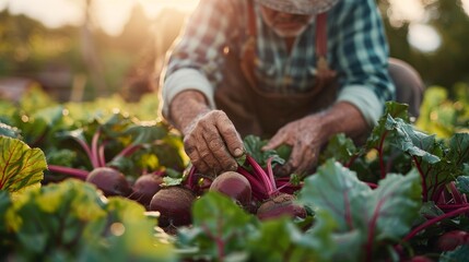 A farmer harvests beets in the field.