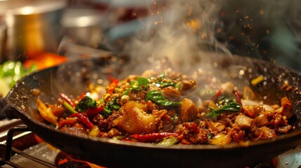 A close-up of a sizzling hot pan filled with crispy Pad Krapow Moo, fragrant with Thai basil and chili, ready to tantalize taste buds. - obrazy, fototapety, plakaty