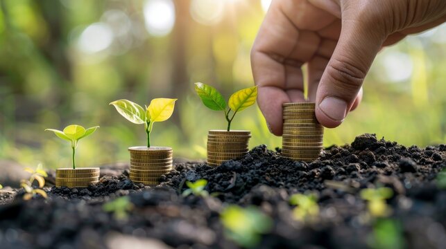 Investing to green business concept,Hand putting coin to money tree growing out of the soil