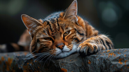 A cat is laying on a rock with its eyes closed - obrazy, fototapety, plakaty